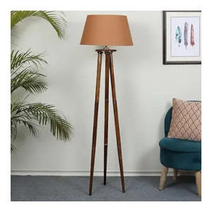 tu casa Floor Lamp with Mango Wood Base & Brown Cotton Shade (H- 148cm)