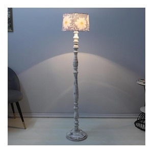 tu casa Classic Rustic White Mango Wood Base Floor Lamp with Narcissue Floral Print & Satin Shade (Height – 54″)