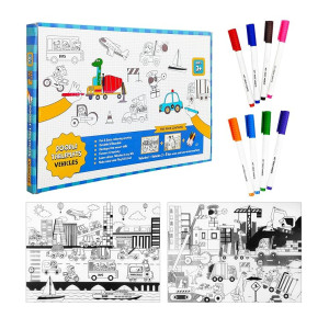 VGRASSP Vehicle Themed Doodle Coloring Puzzle Mat for Kids with Drawing Accessories