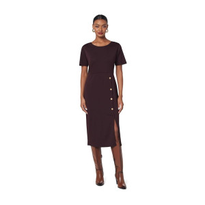 Wine Round Neck Front Button Detail Midi Dress